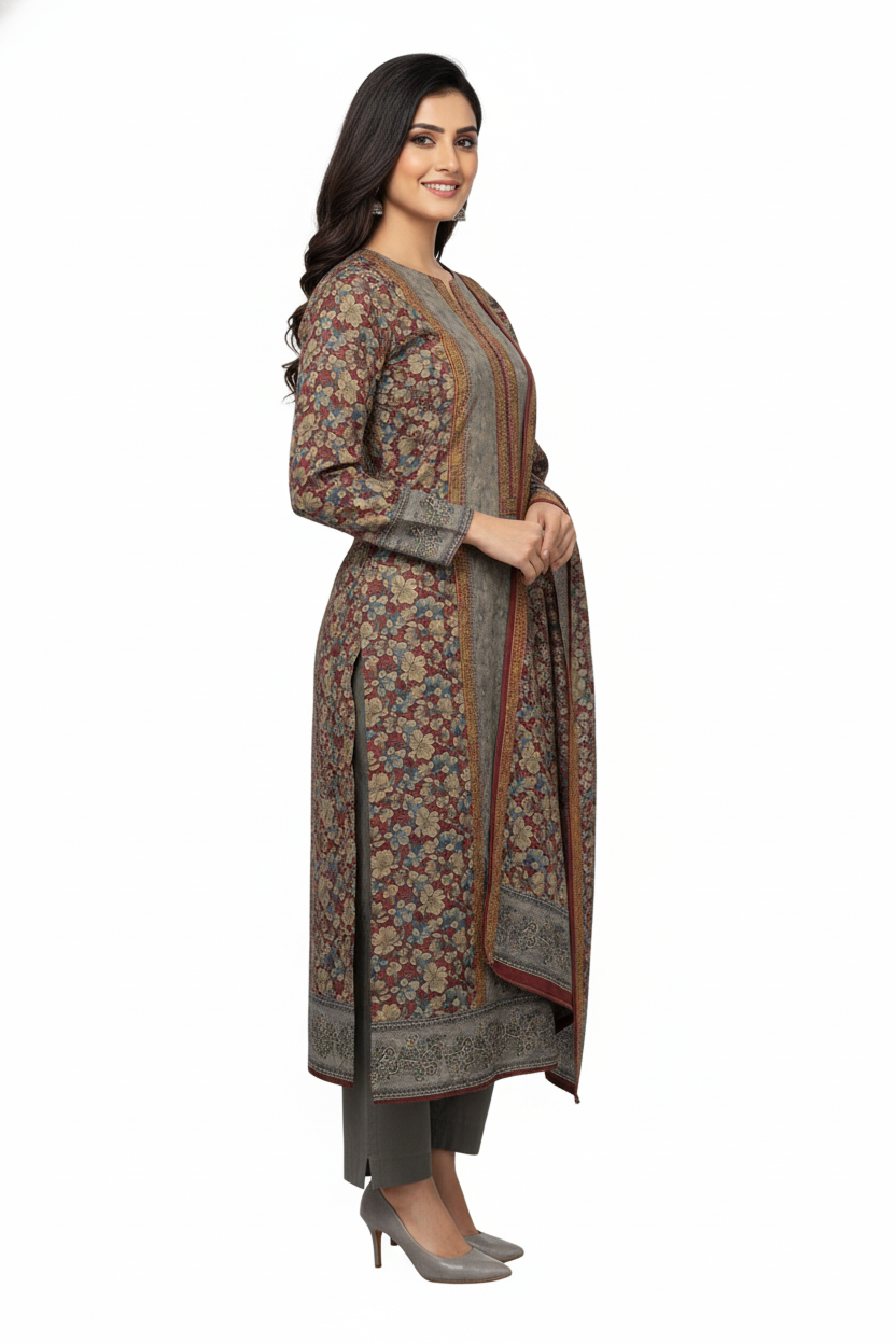 Earthy Taupe and Rust Floral Printed Winter Kurta Set