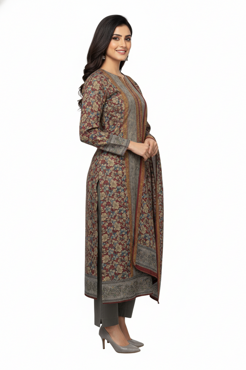 Earthy Taupe and Rust Floral Printed Winter Kurta Set