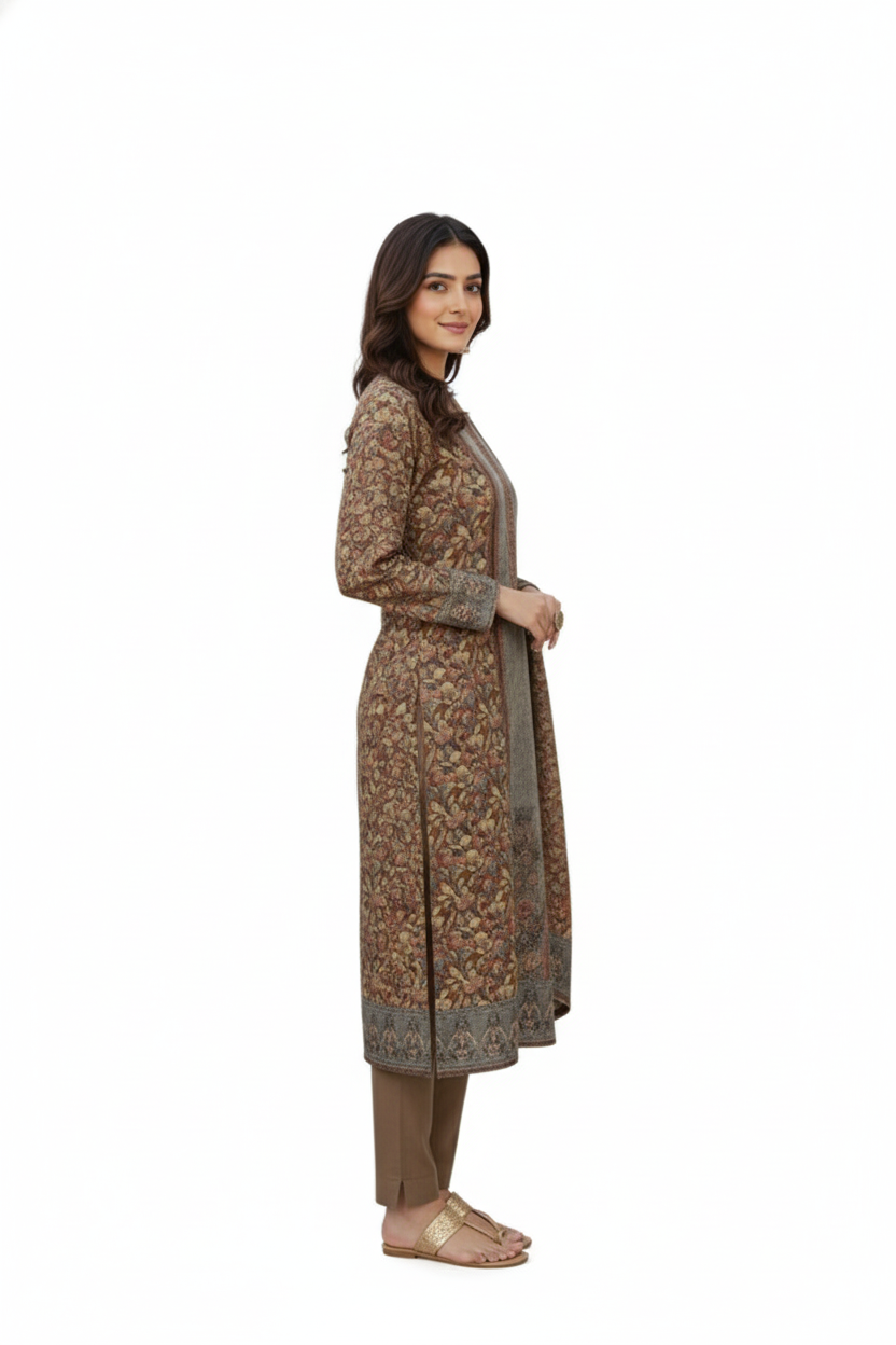Sophisticated Black and Earth-Toned Floral Printed Winter Suit Set