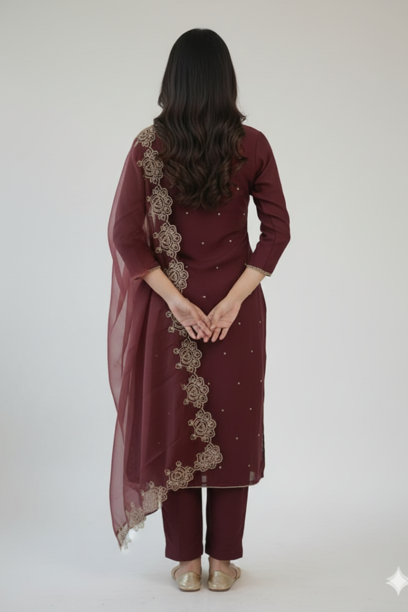 Elegant Wine Maroon Suit with Gold Thread Embroidery and Sheer Dupatta