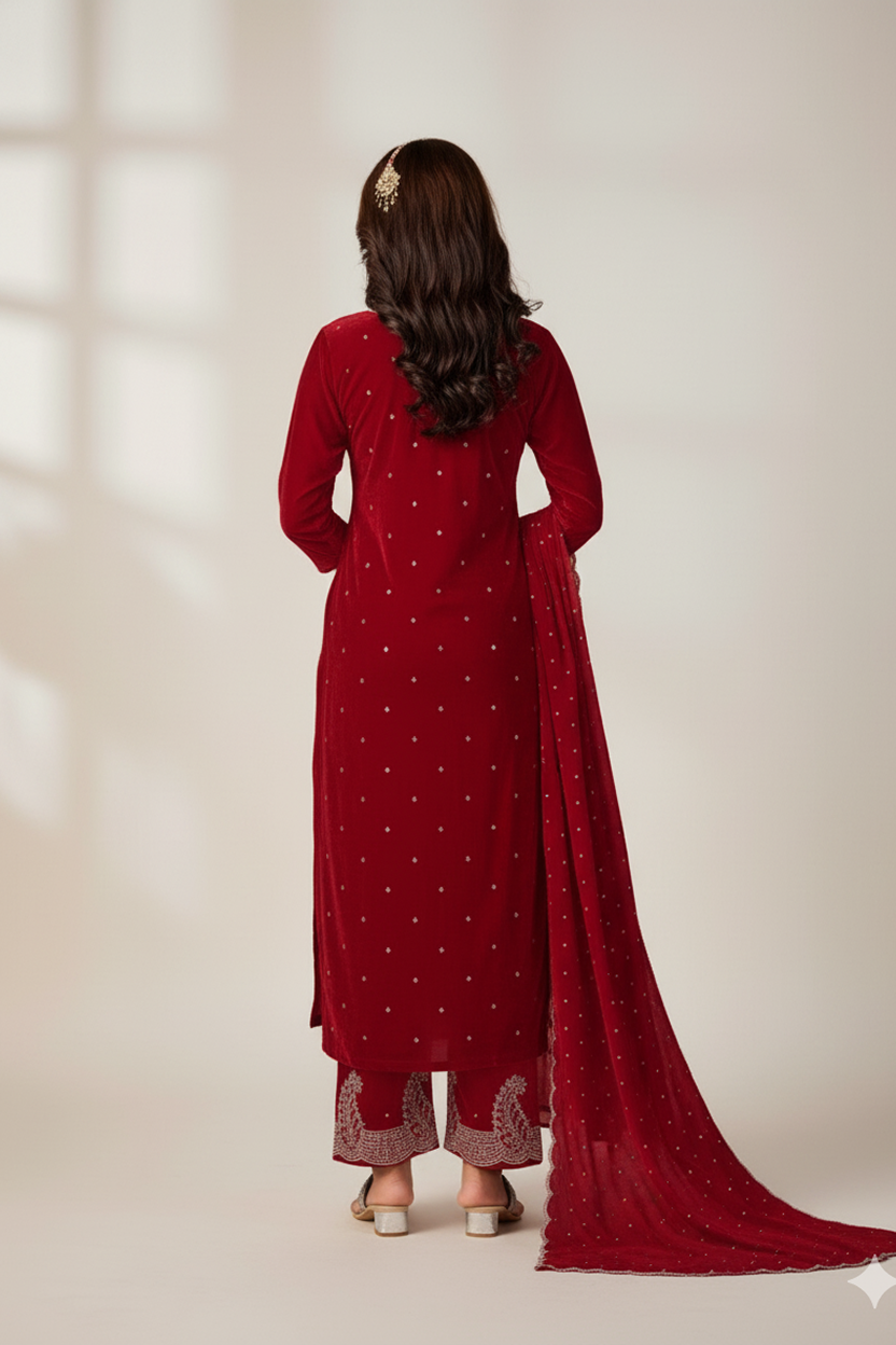 Vibrant Scarlet Red Velvet Suit with Silver Zari Embroidery and Buti Work