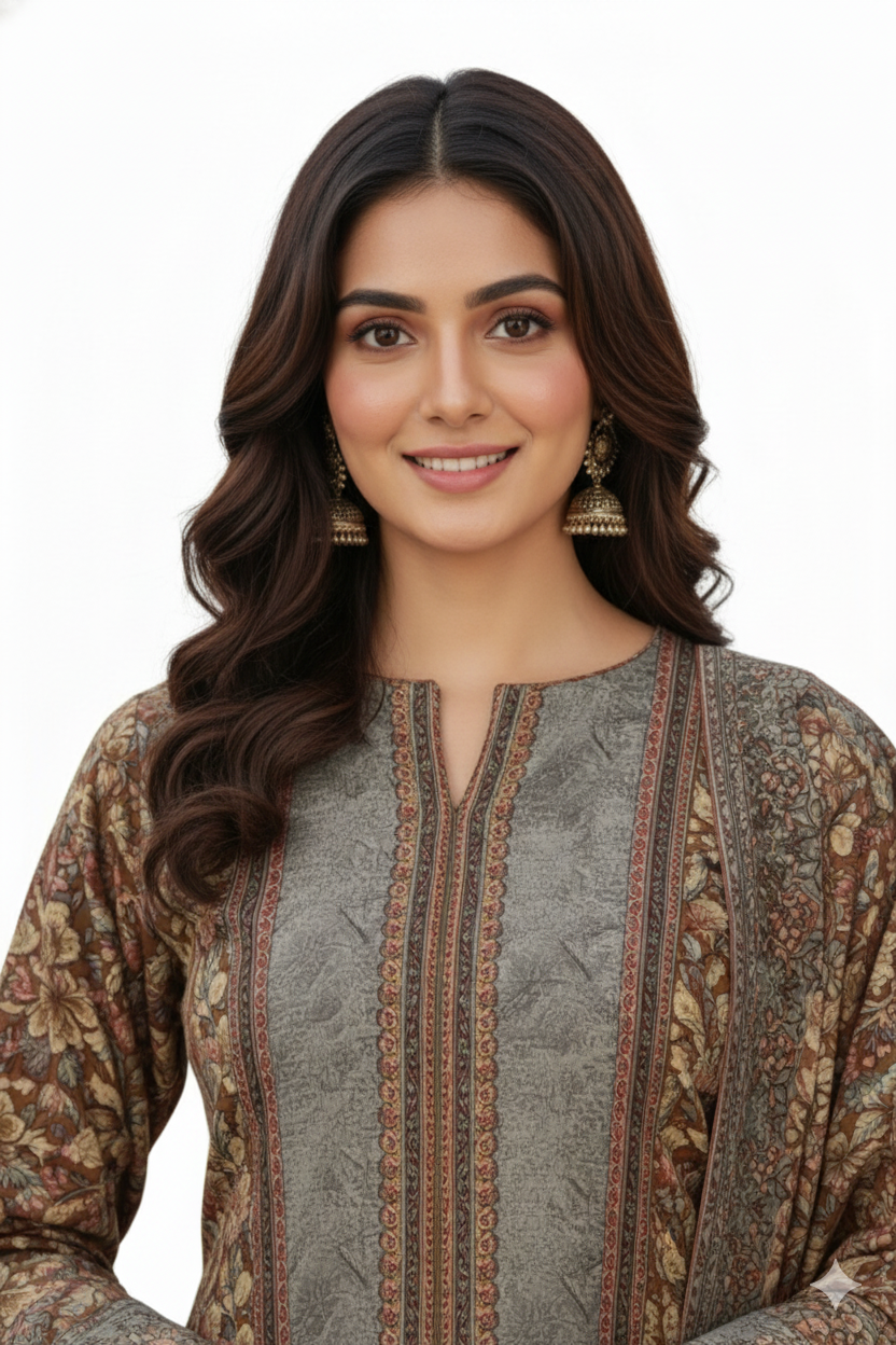 Sophisticated Black and Earth-Toned Floral Printed Winter Suit Set