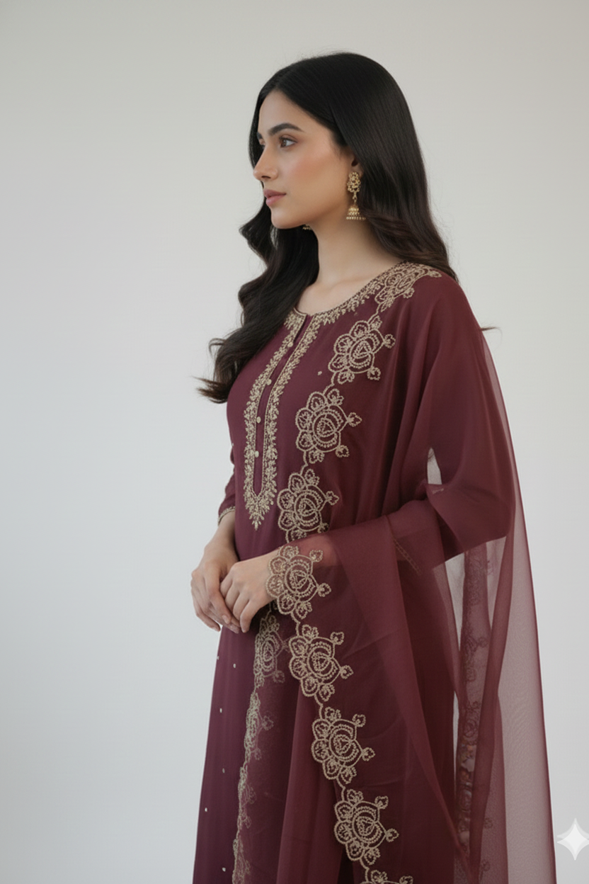 Elegant Wine Maroon Suit with Gold Thread Embroidery and Sheer Dupatta
