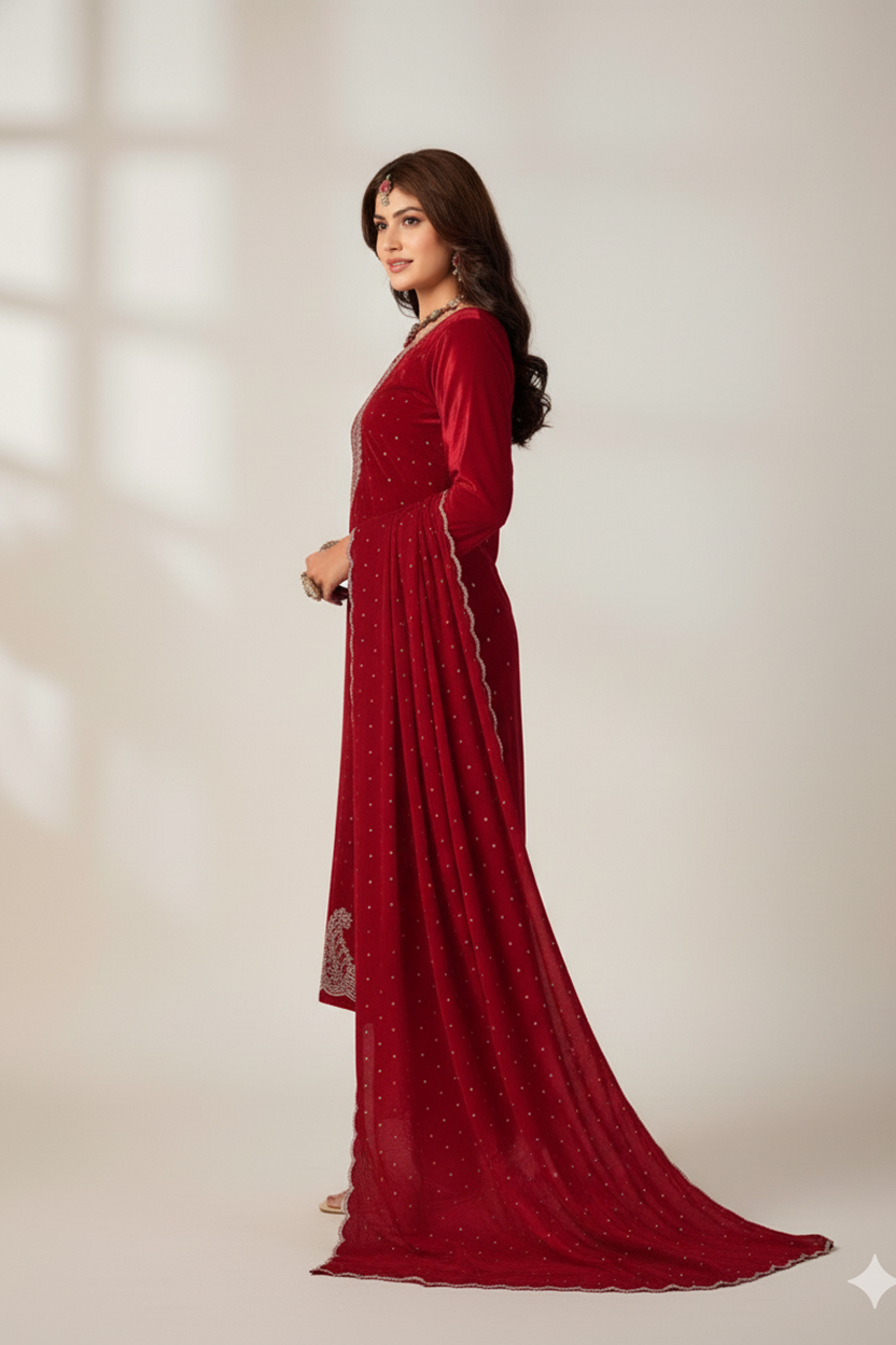 Vibrant Scarlet Red Velvet Suit with Silver Zari Embroidery and Buti Work
