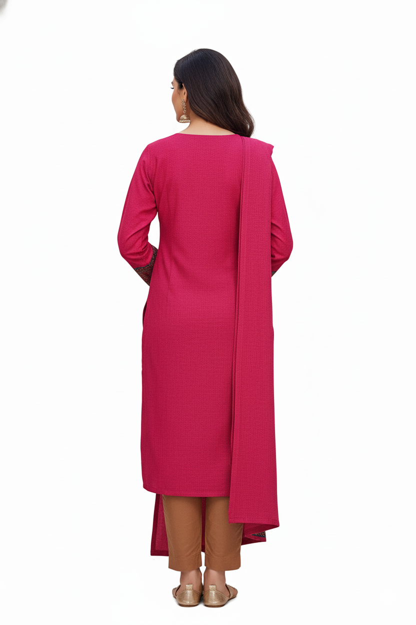 Vibrant Rani Pink Winter Kurta Set with Intricate Border Shawl