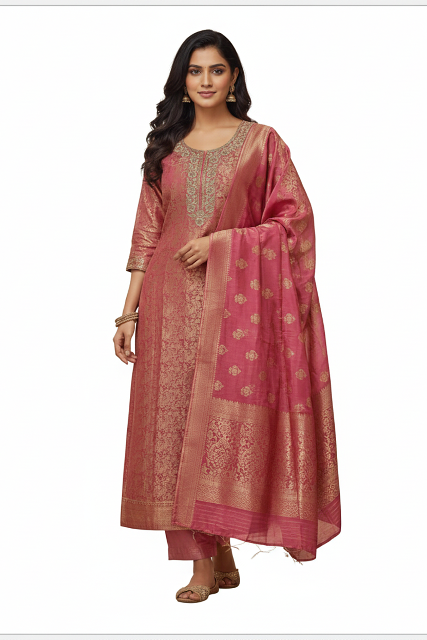 Regal Dusty Rose Pink Suit with All-Over Gold Brocade Weave and Zari Dupatta