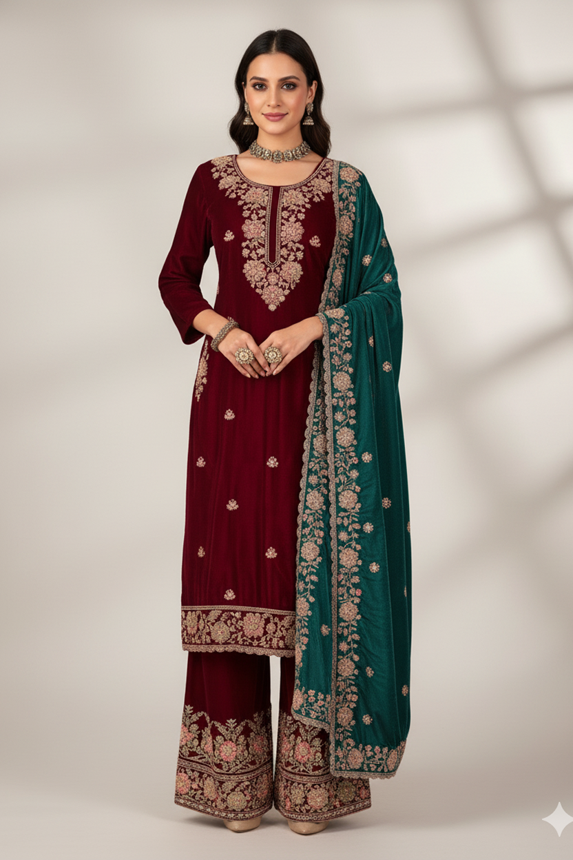 Regal Maroon Velvet Suit with Heavy Gold Embroidery and Teal Contrast Dupatta