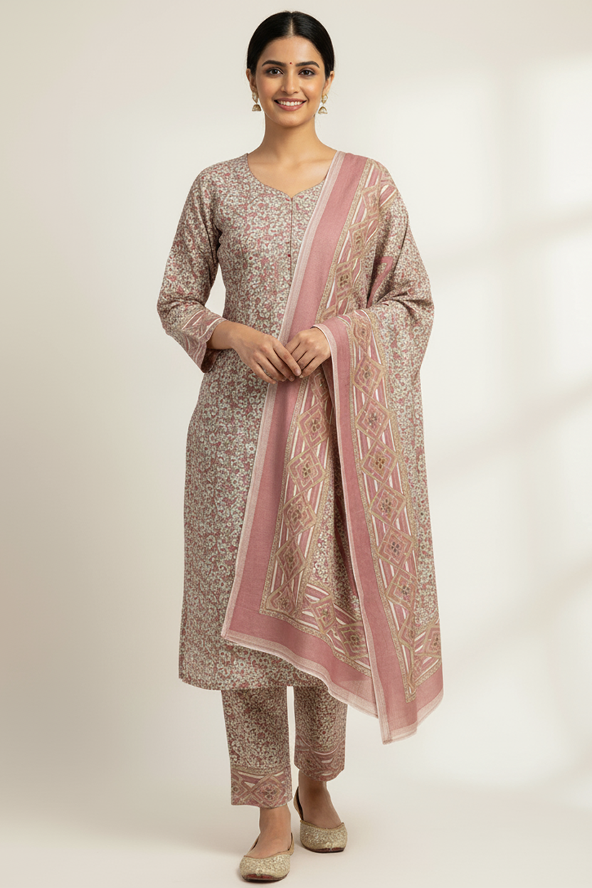 Elegant Pink and Beige Block Print Suit with Geometric Pattern Dupatta