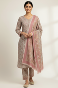 Elegant Pink and Beige Block Print Suit with Geometric Pattern Dupatta