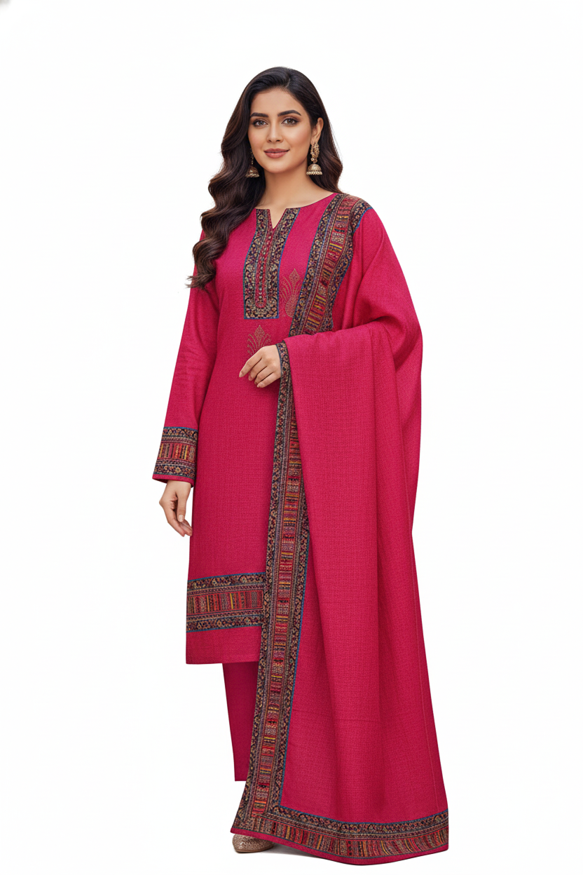 Vibrant Rani Pink Winter Kurta Set with Intricate Border Shawl