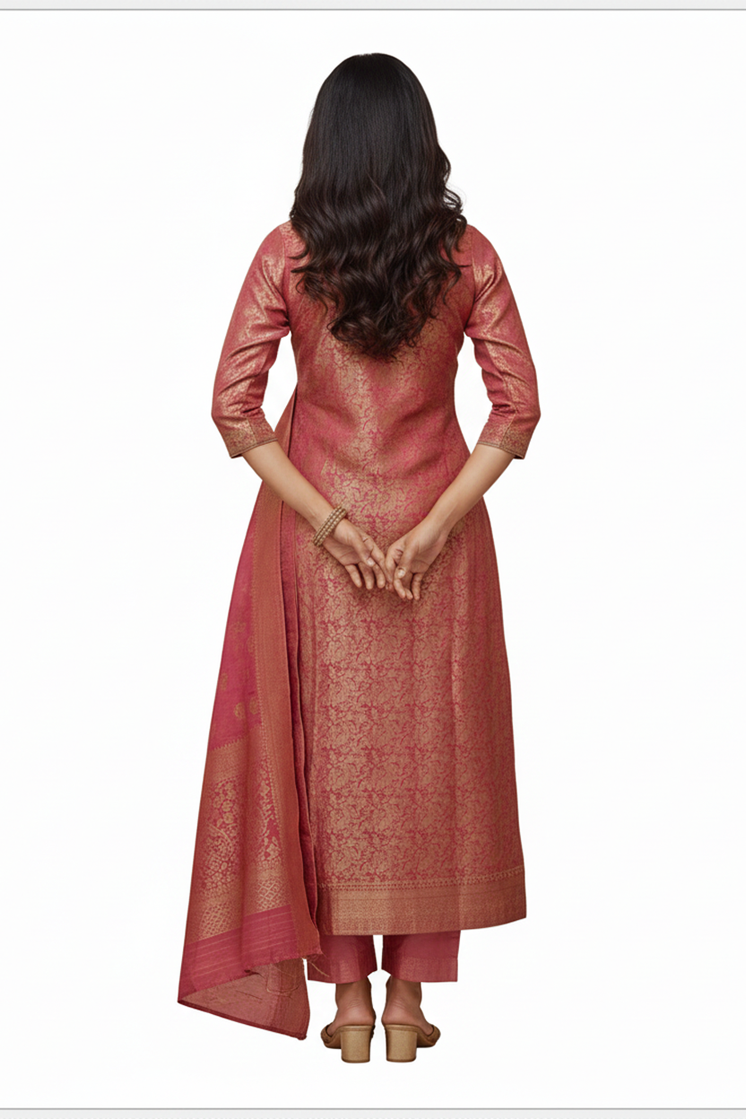 Regal Dusty Rose Pink Suit with All-Over Gold Brocade Weave and Zari Dupatta