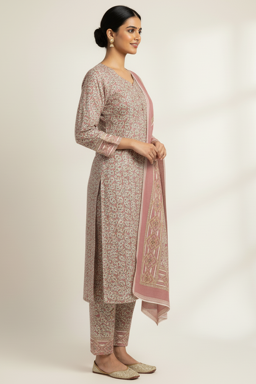 Elegant Pink and Beige Block Print Suit with Geometric Pattern Dupatta