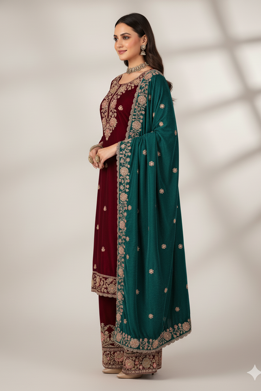 Regal Maroon Velvet Suit with Heavy Gold Embroidery and Teal Contrast Dupatta