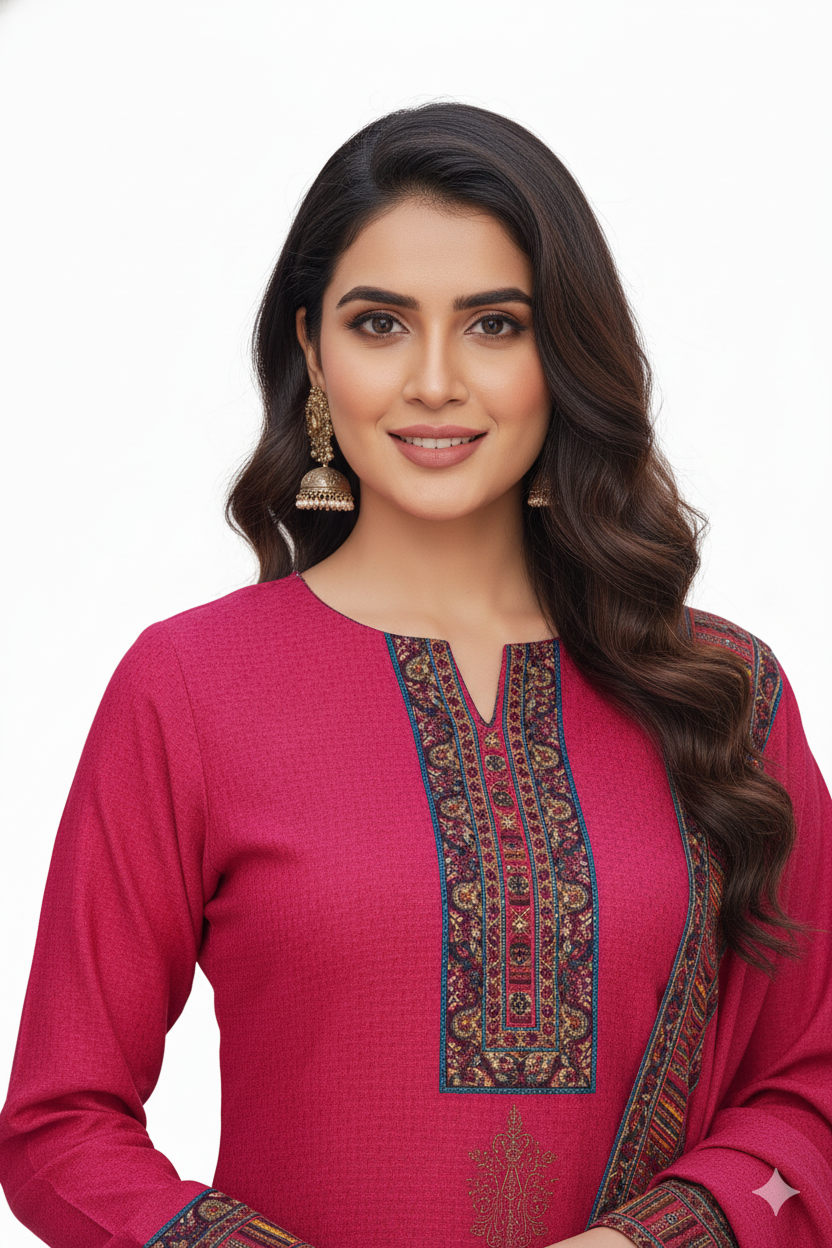 Vibrant Rani Pink Winter Kurta Set with Intricate Border Shawl