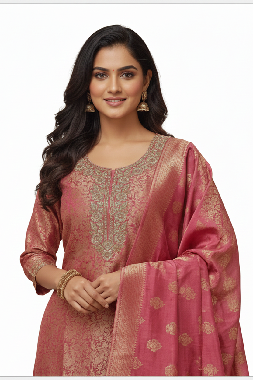Regal Dusty Rose Pink Suit with All-Over Gold Brocade Weave and Zari Dupatta