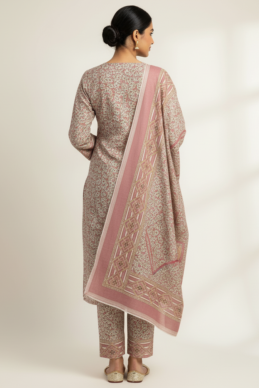 Elegant Pink and Beige Block Print Suit with Geometric Pattern Dupatta