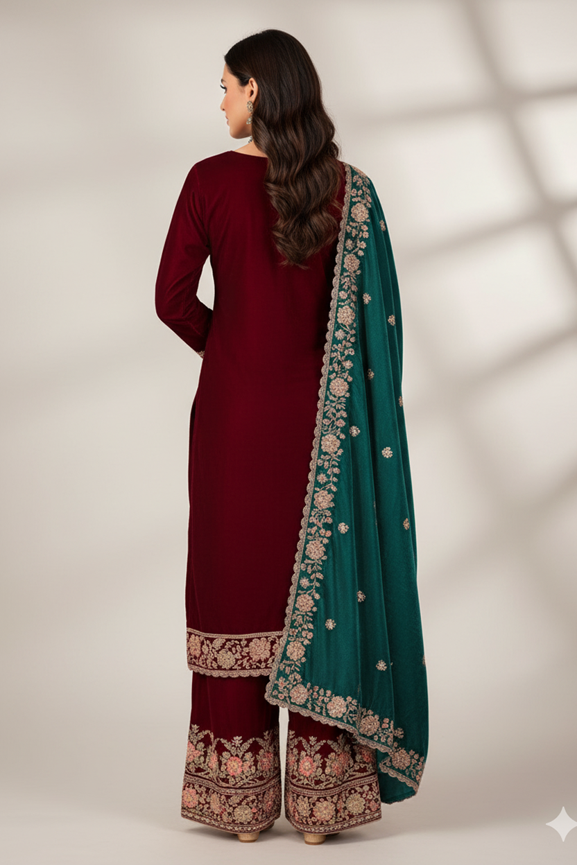 Regal Maroon Velvet Suit with Heavy Gold Embroidery and Teal Contrast Dupatta