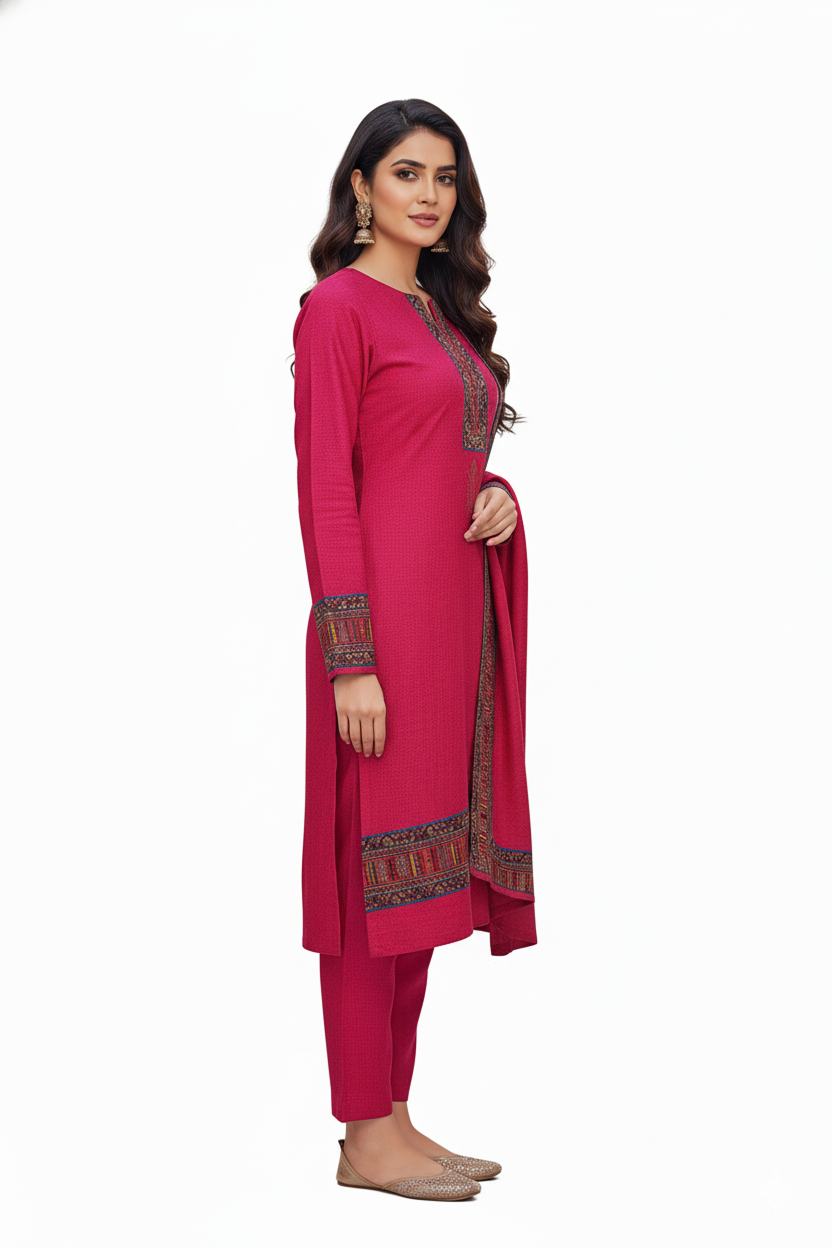 Vibrant Rani Pink Winter Kurta Set with Intricate Border Shawl