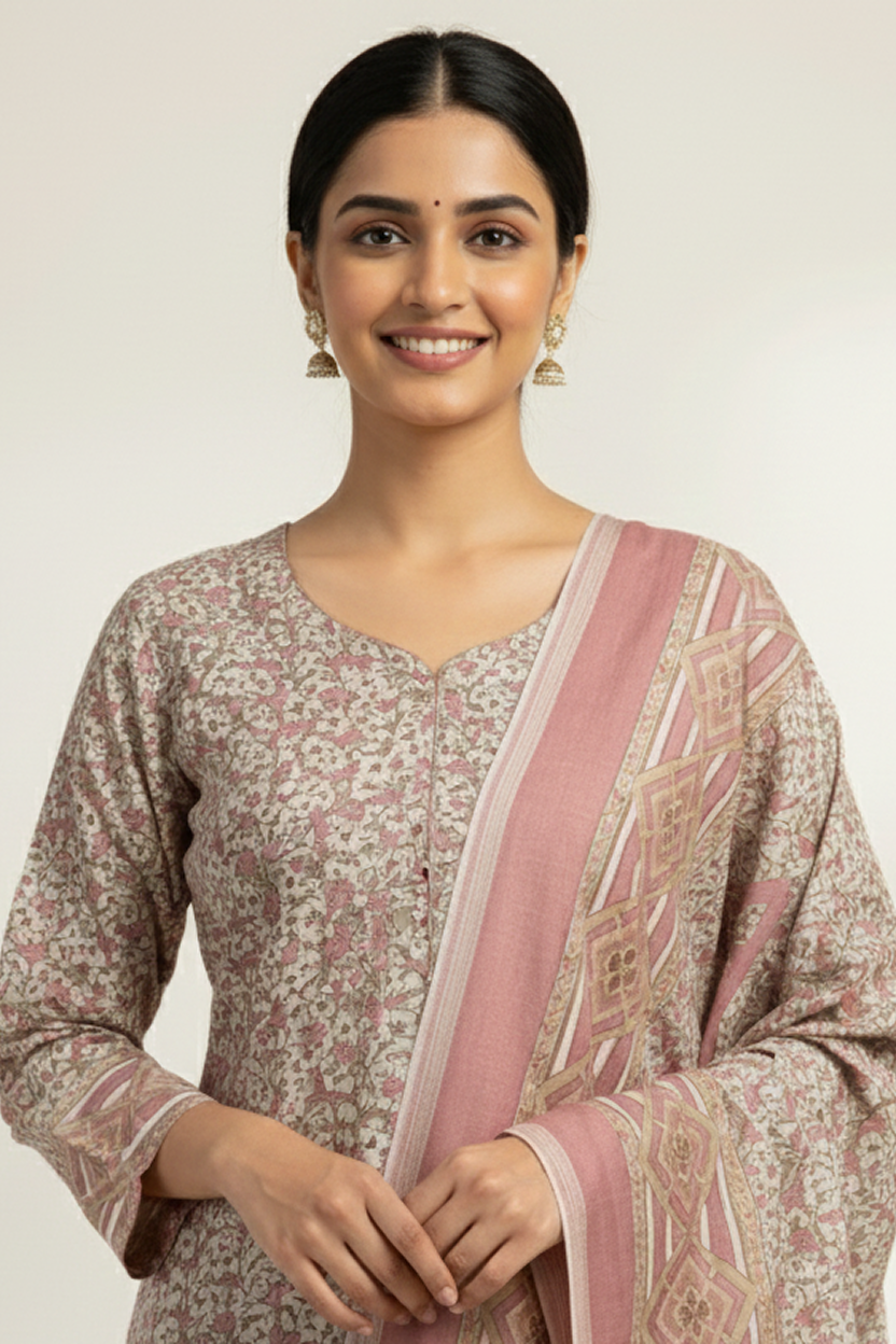 Elegant Pink and Beige Block Print Suit with Geometric Pattern Dupatta