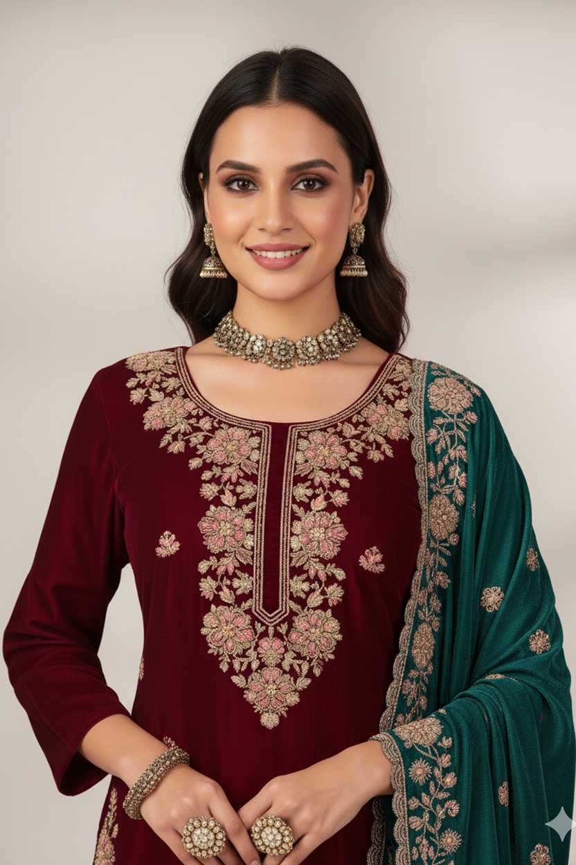 Regal Maroon Velvet Suit with Heavy Gold Embroidery and Teal Contrast Dupatta