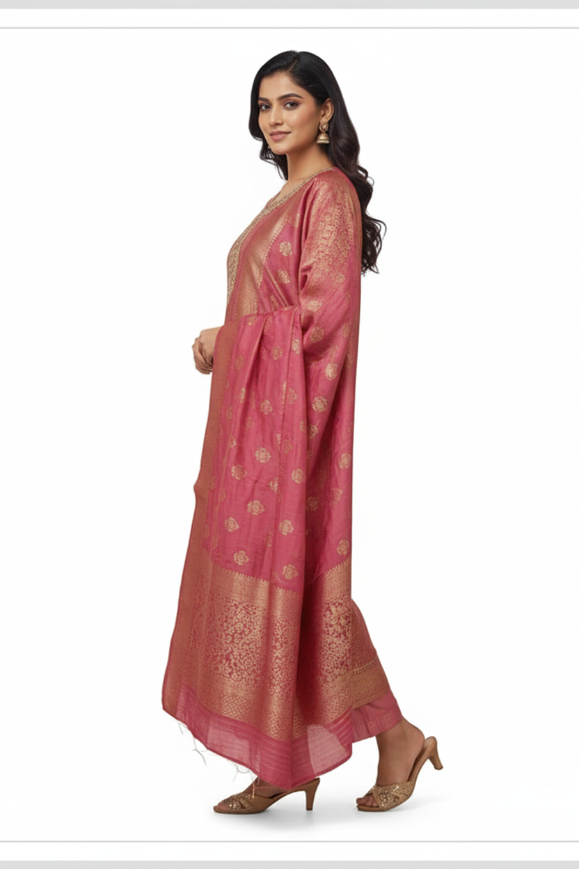 Regal Dusty Rose Pink Suit with All-Over Gold Brocade Weave and Zari Dupatta