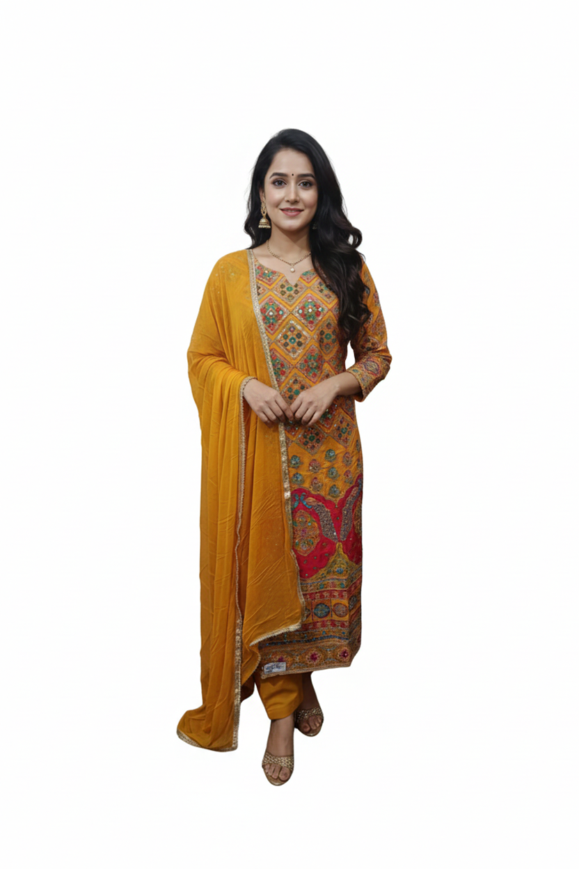 Vibrant Mustard Yellow Suit with Multi-Color Patchwork and Mirror Work Embroidery