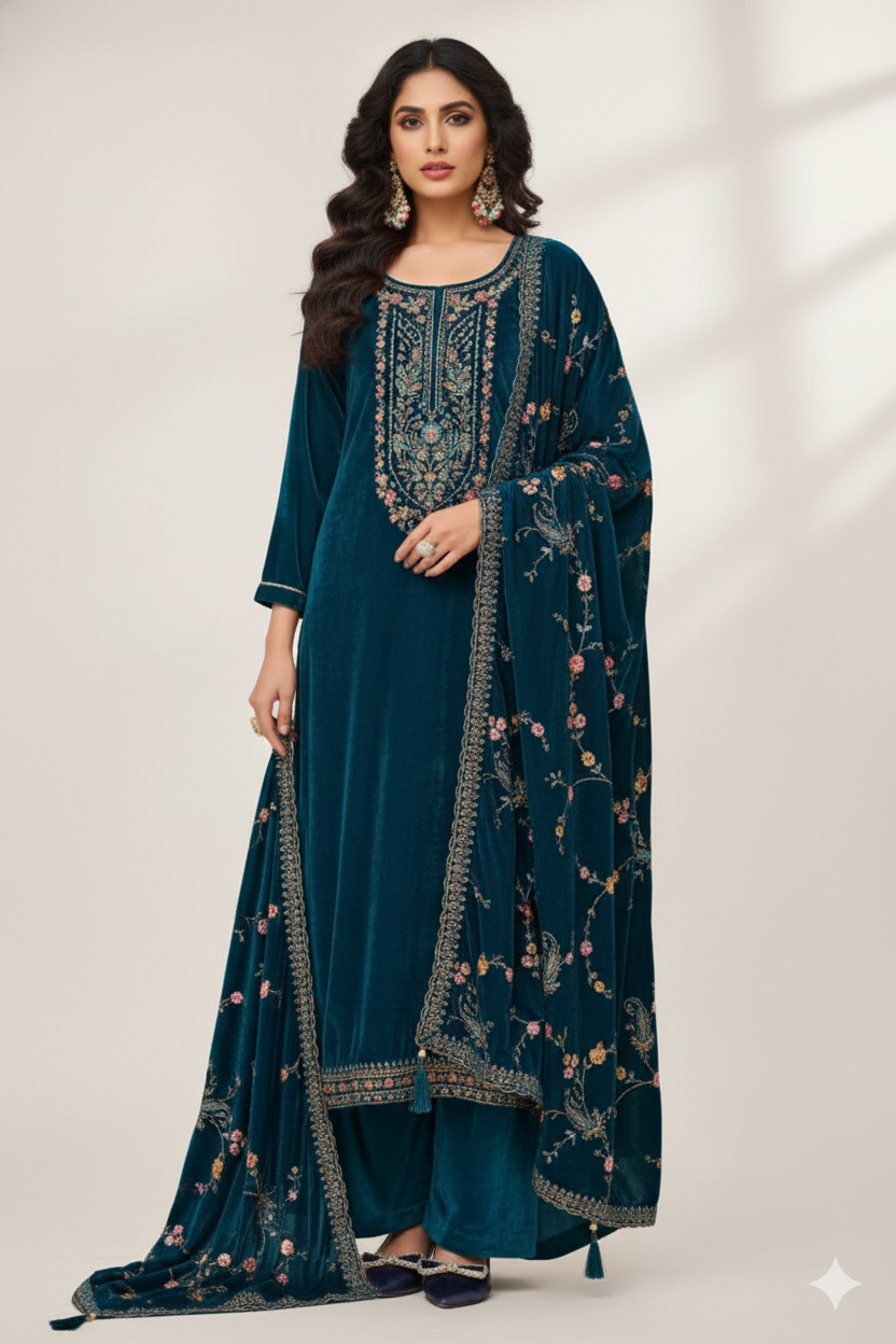 Rich Teal Blue Velvet Suit with Multi-Color Thread Embroidery and Floral Shawl