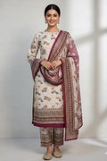 Chic Off-White Floral Print Suit with Maroon Border and Geometric Dupatta
