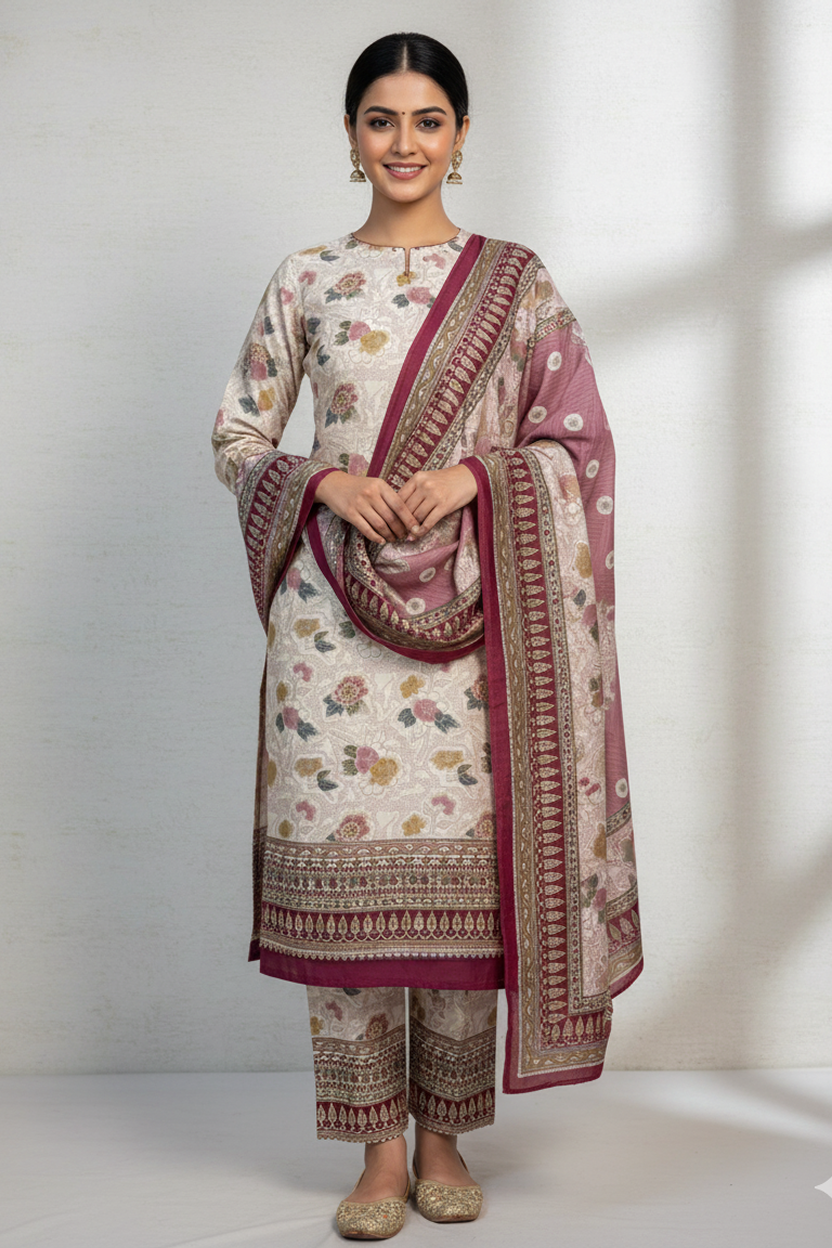 Chic Off-White Floral Print Suit with Maroon Border and Geometric Dupatta