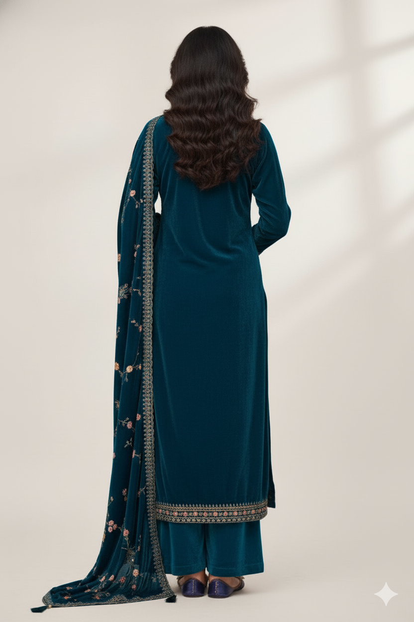 Rich Teal Blue Velvet Suit with Multi-Color Thread Embroidery and Floral Shawl