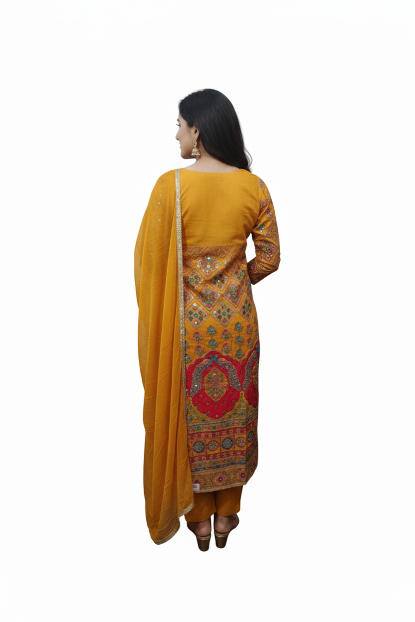 Vibrant Mustard Yellow Suit with Multi-Color Patchwork and Mirror Work Embroidery