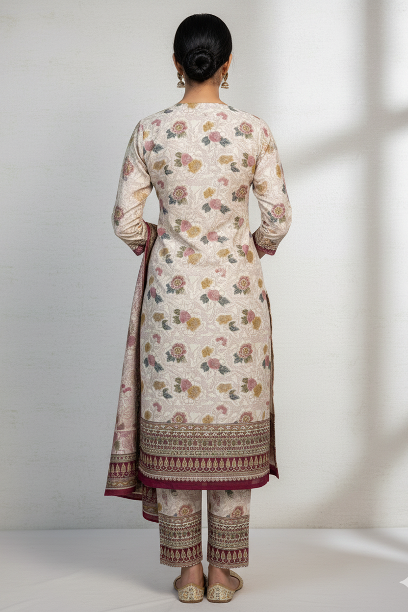 Chic Off-White Floral Print Suit with Maroon Border and Geometric Dupatta