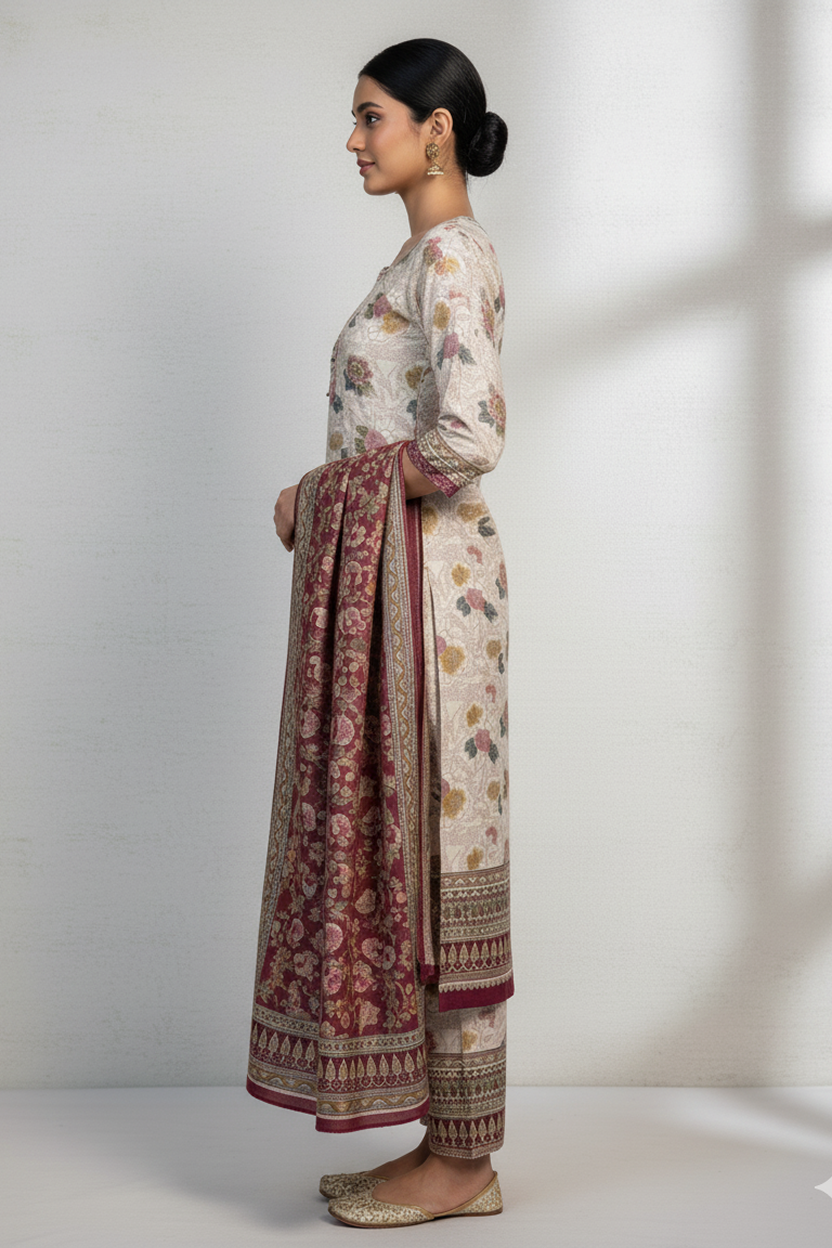 Chic Off-White Floral Print Suit with Maroon Border and Geometric Dupatta