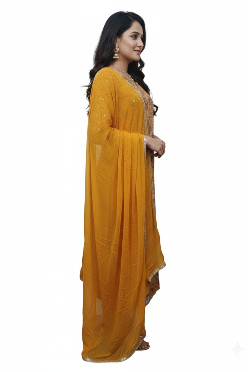 Vibrant Mustard Yellow Suit with Multi-Color Patchwork and Mirror Work Embroidery