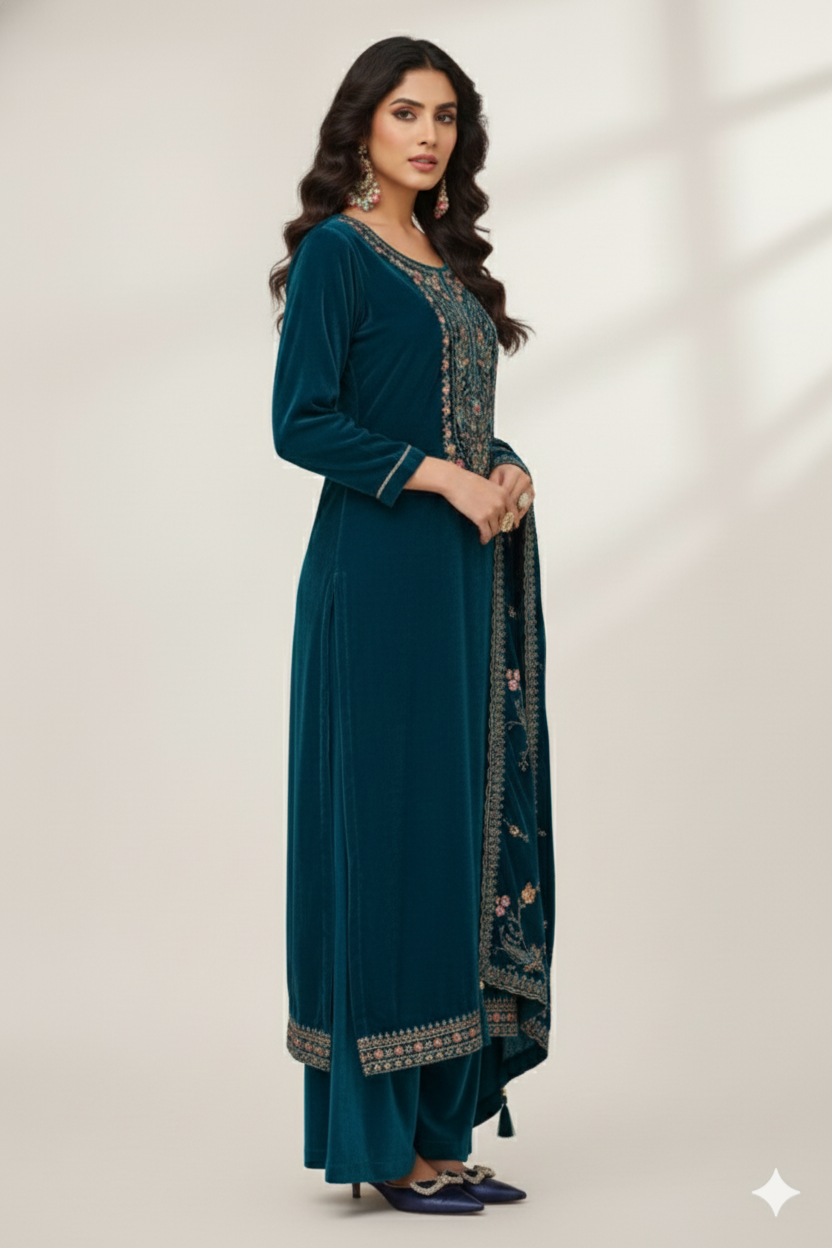 Rich Teal Blue Velvet Suit with Multi-Color Thread Embroidery and Floral Shawl