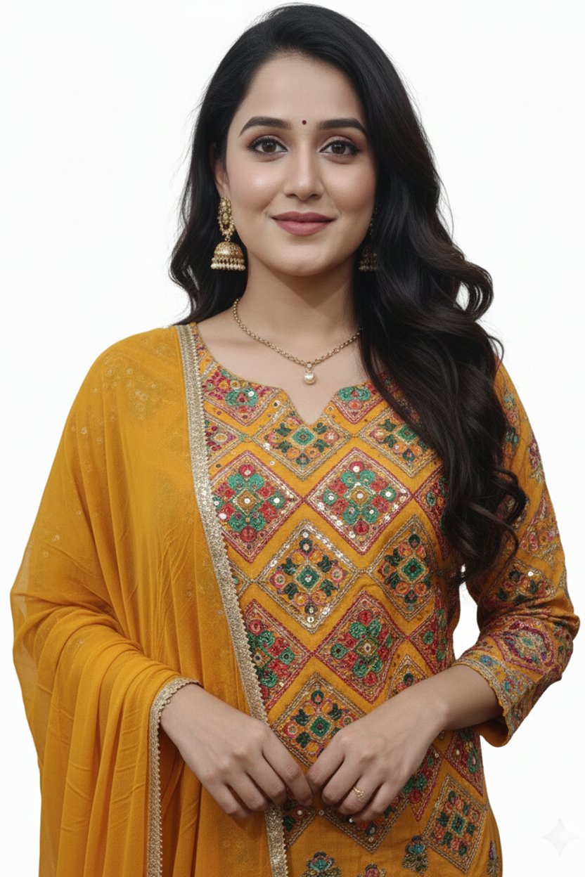 Vibrant Mustard Yellow Suit with Multi-Color Patchwork and Mirror Work Embroidery