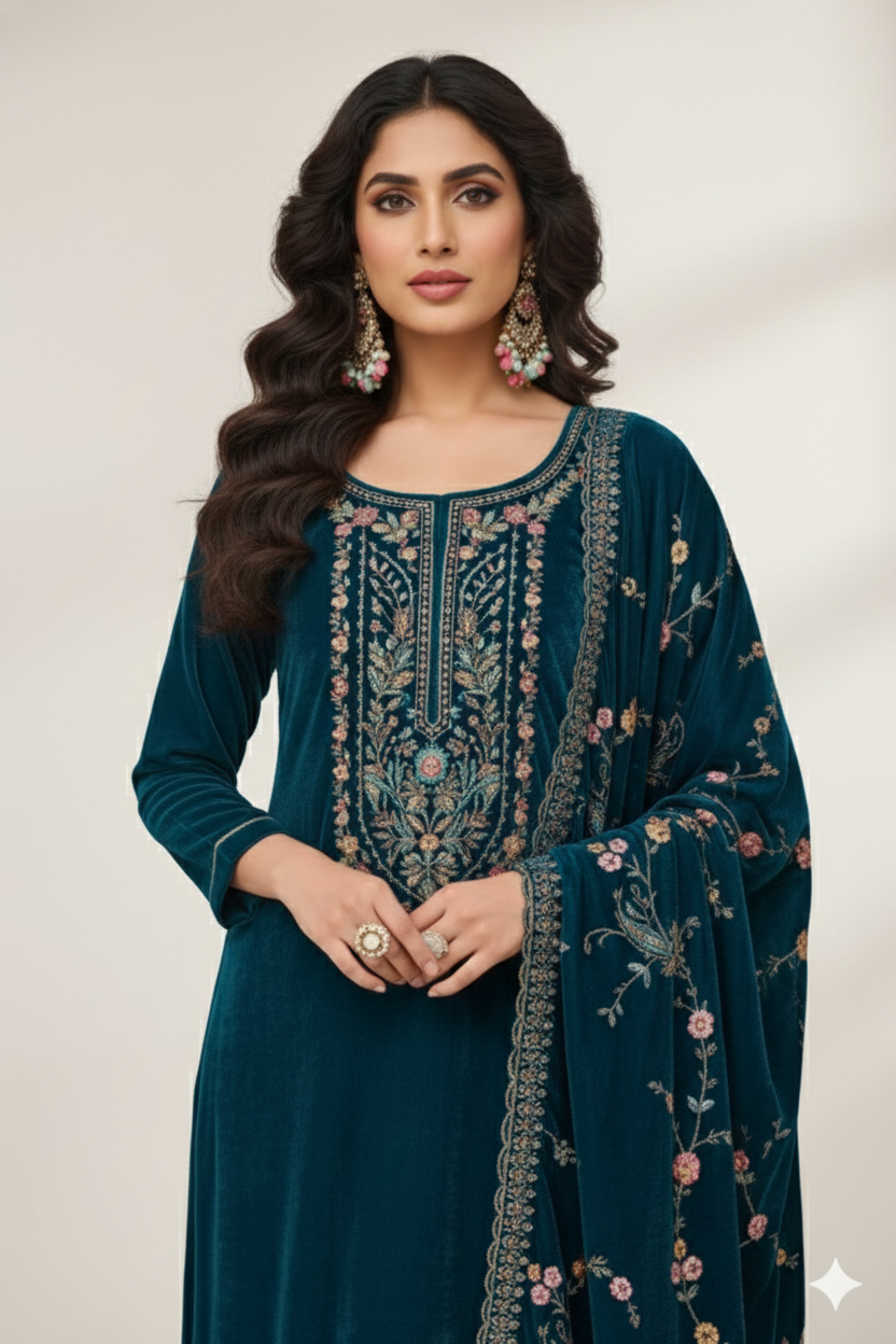 Rich Teal Blue Velvet Suit with Multi-Color Thread Embroidery and Floral Shawl