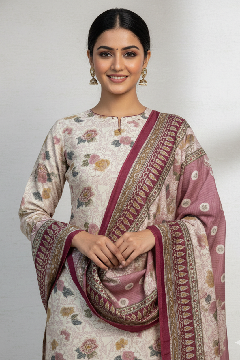 Chic Off-White Floral Print Suit with Maroon Border and Geometric Dupatta