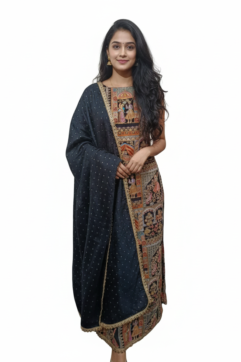 Elegant Black Suit with Multi-Color Miniature Art Print and Gold Border