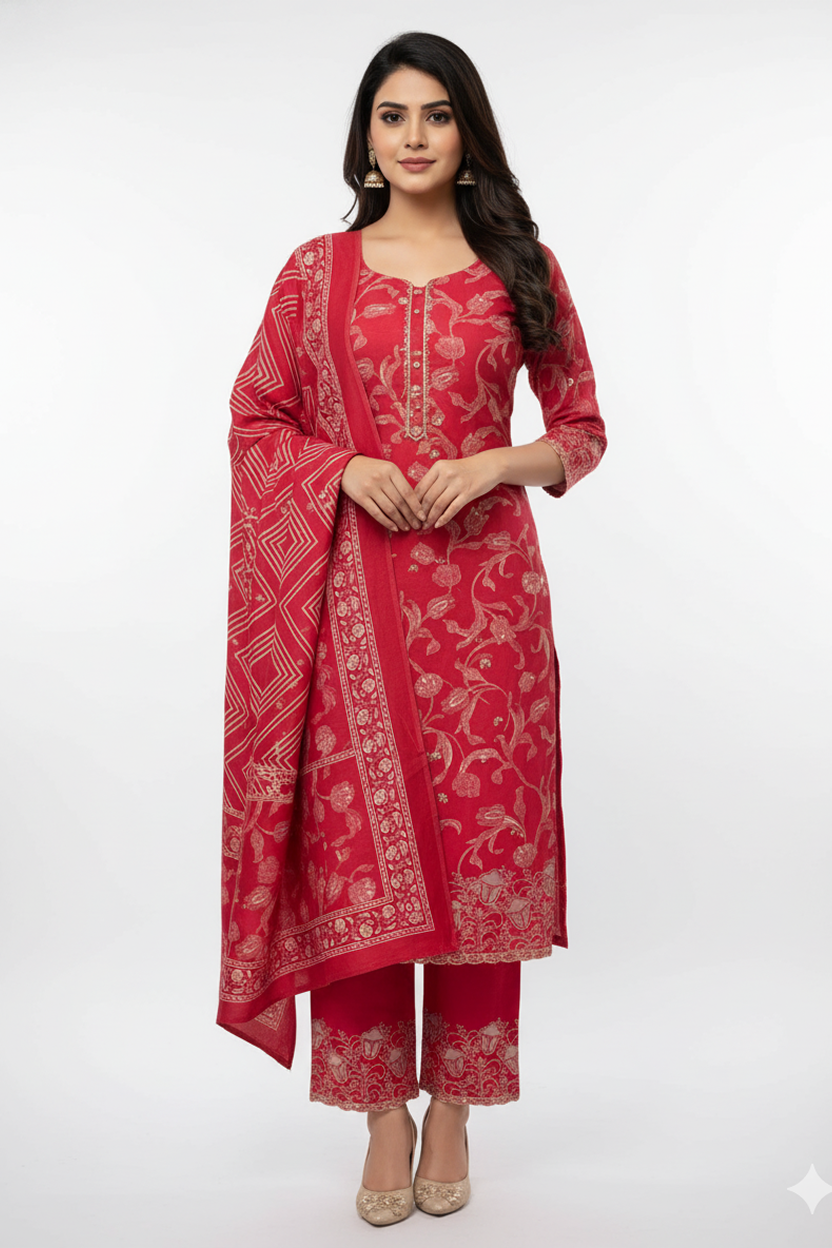 Vibrant Red and Gold Foil Printed Kurta Set with Dupatta