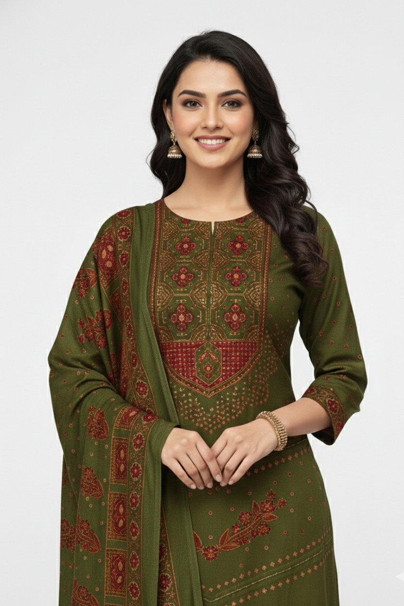 Elegant Olive Green Printed Winter Kurta Set with Rust Accents