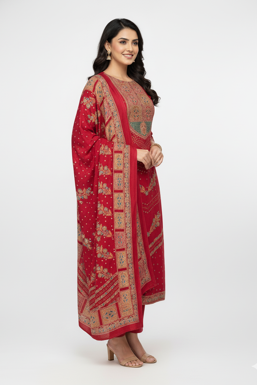 Vibrant Crimson Red Winter Kurta Set with Traditional Print Borders