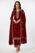Regal Maroon Velvet Suit with Heavy Gold Zari Embroidery and Scalloped Hem