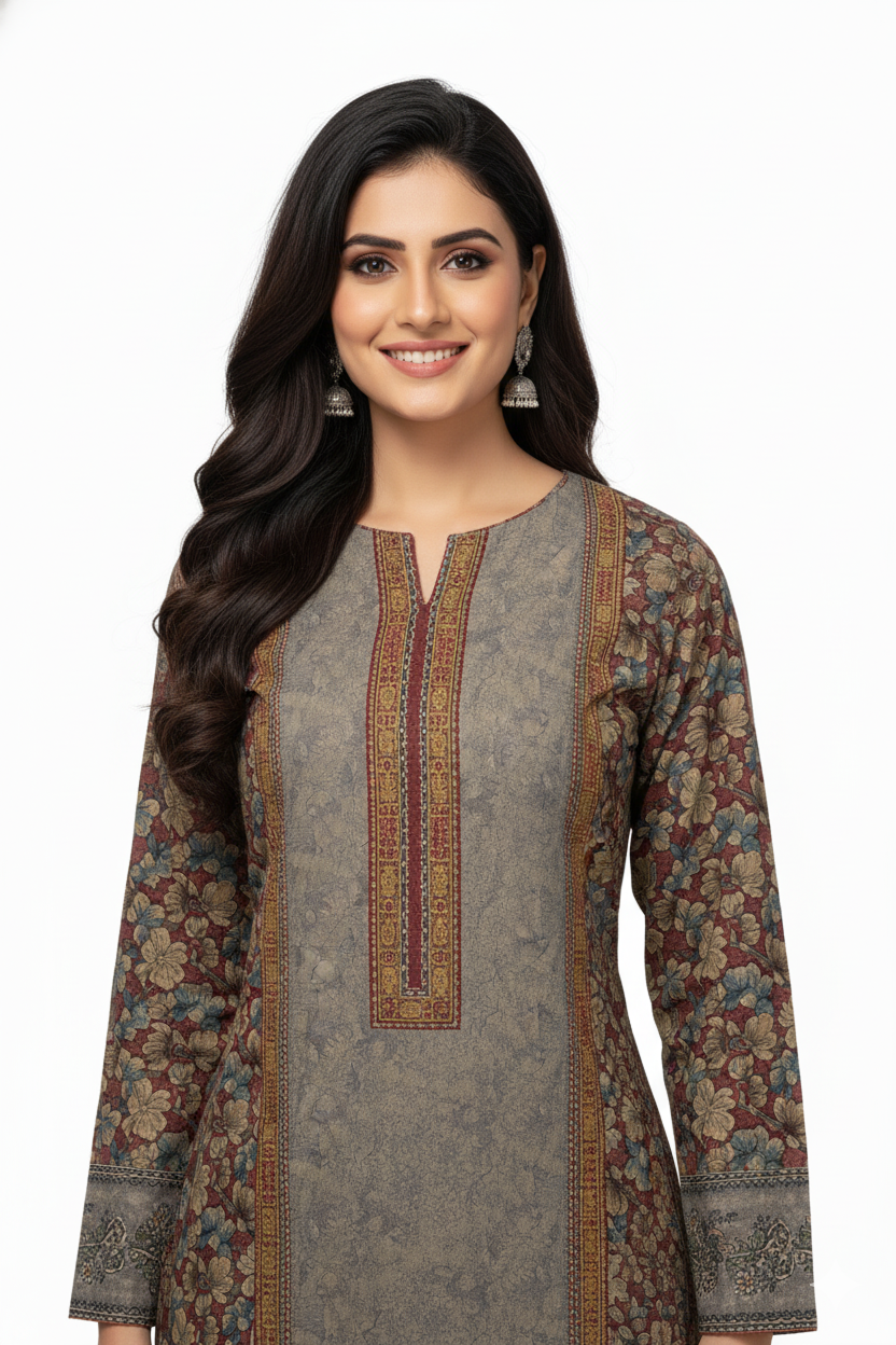 Earthy Taupe and Rust Floral Printed Winter Kurta Set
