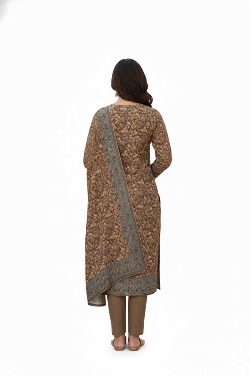 Sophisticated Black and Earth-Toned Floral Printed Winter Suit Set