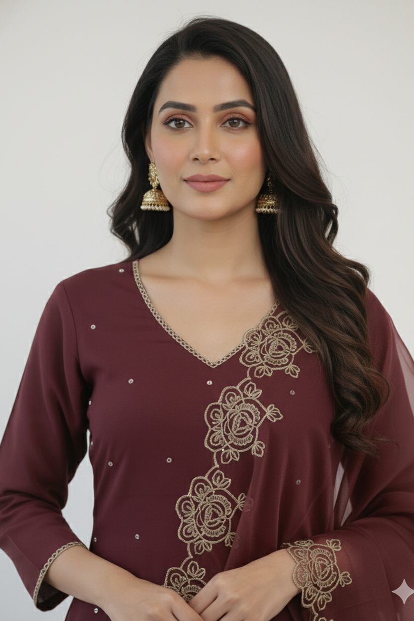 Elegant Wine Maroon Suit with Gold Thread Embroidery and Sheer Dupatta