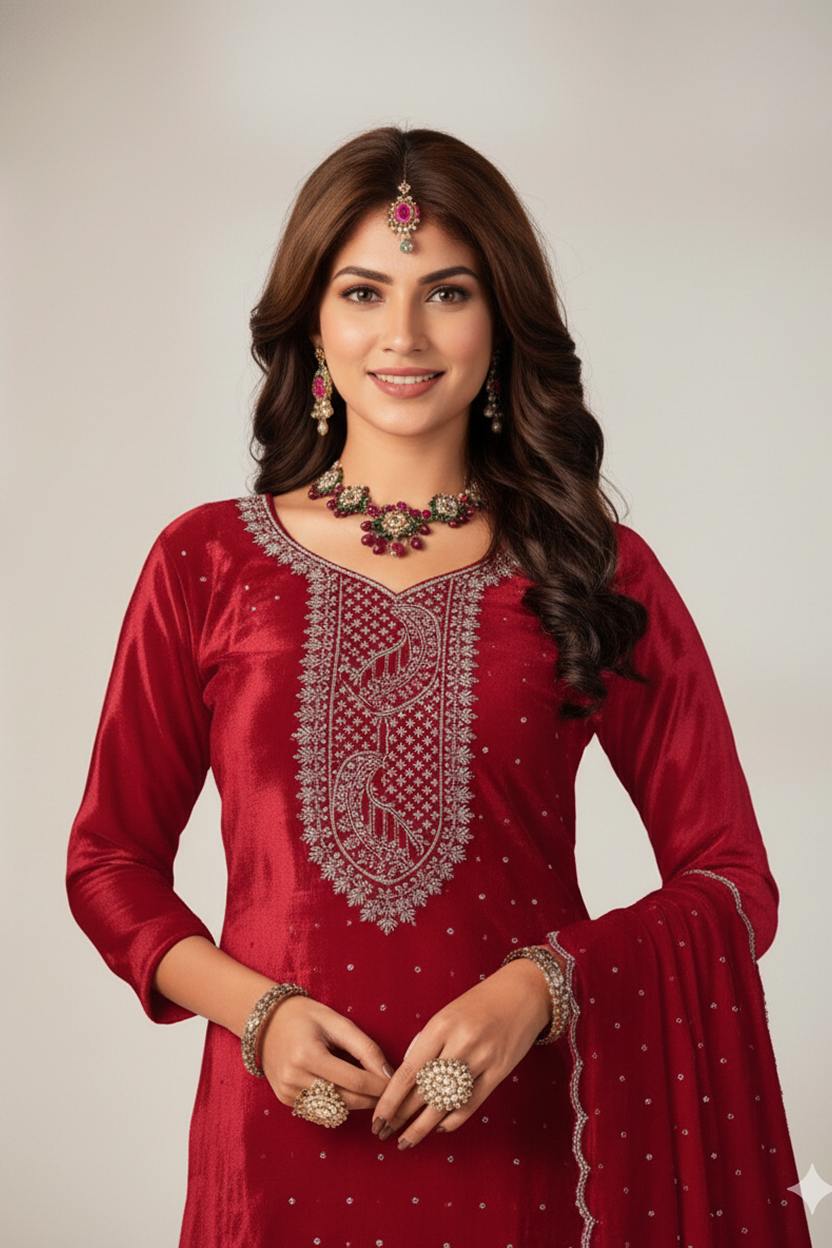 Vibrant Scarlet Red Velvet Suit with Silver Zari Embroidery and Buti Work