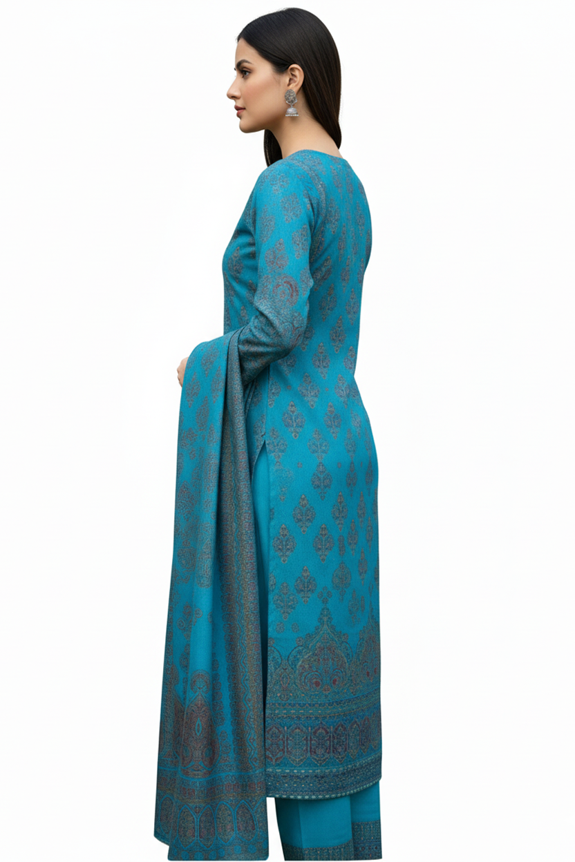 Vibrant Teal Blue Printed Suit with Ethnic Jaal Motif and Pashmina Style Dupatta
