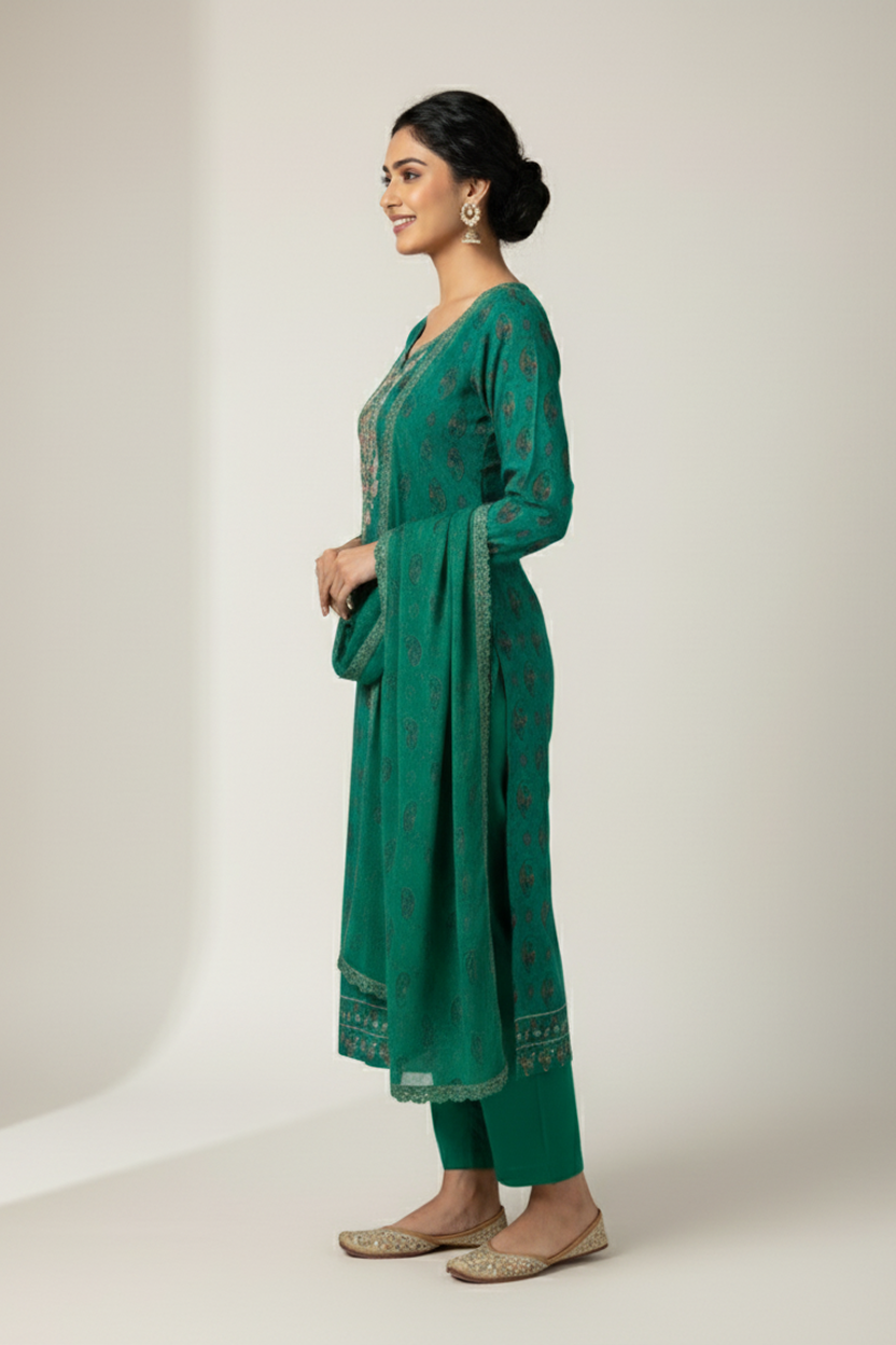 Rich Emerald Green Paisley Print Suit with Embroidered Neckline