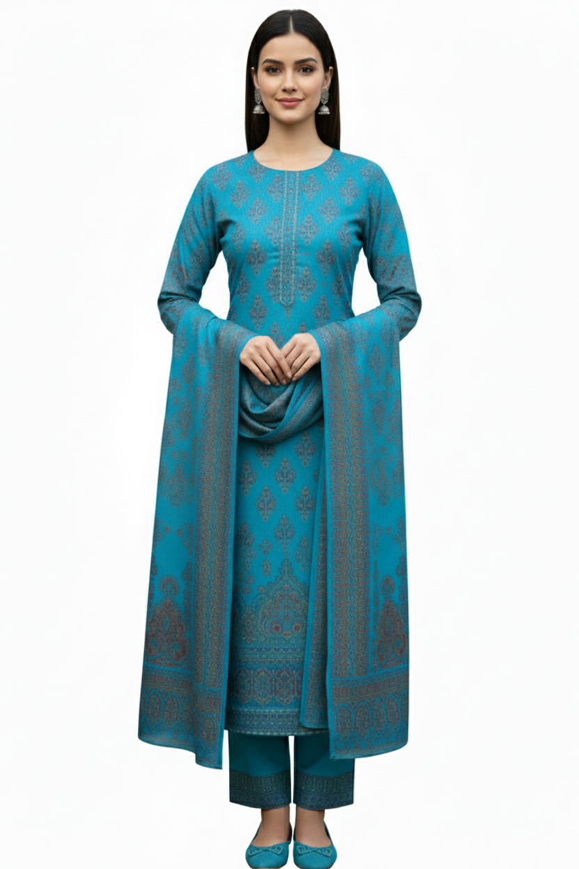 Vibrant Teal Blue Printed Suit with Ethnic Jaal Motif and Pashmina Style Dupatta